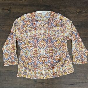 Garnet Hill multicoloured BU cardigan, 100% merino wool. Lt weight 3/4 sleeved